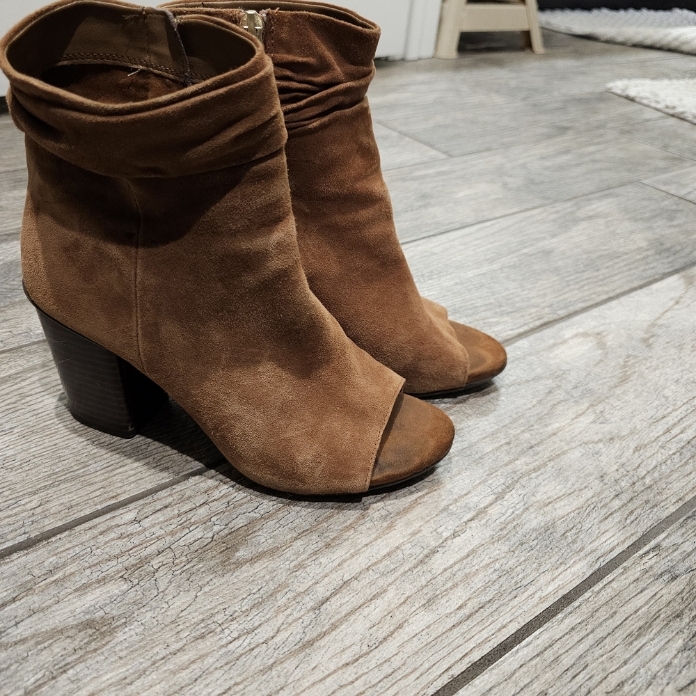 Tan open toe booties